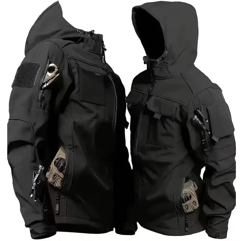 Men's black tactical softshell jacket with a hood, multiple utility pockets, and weather-resistant construction, designed for outdoor, hiking, and winter activities.