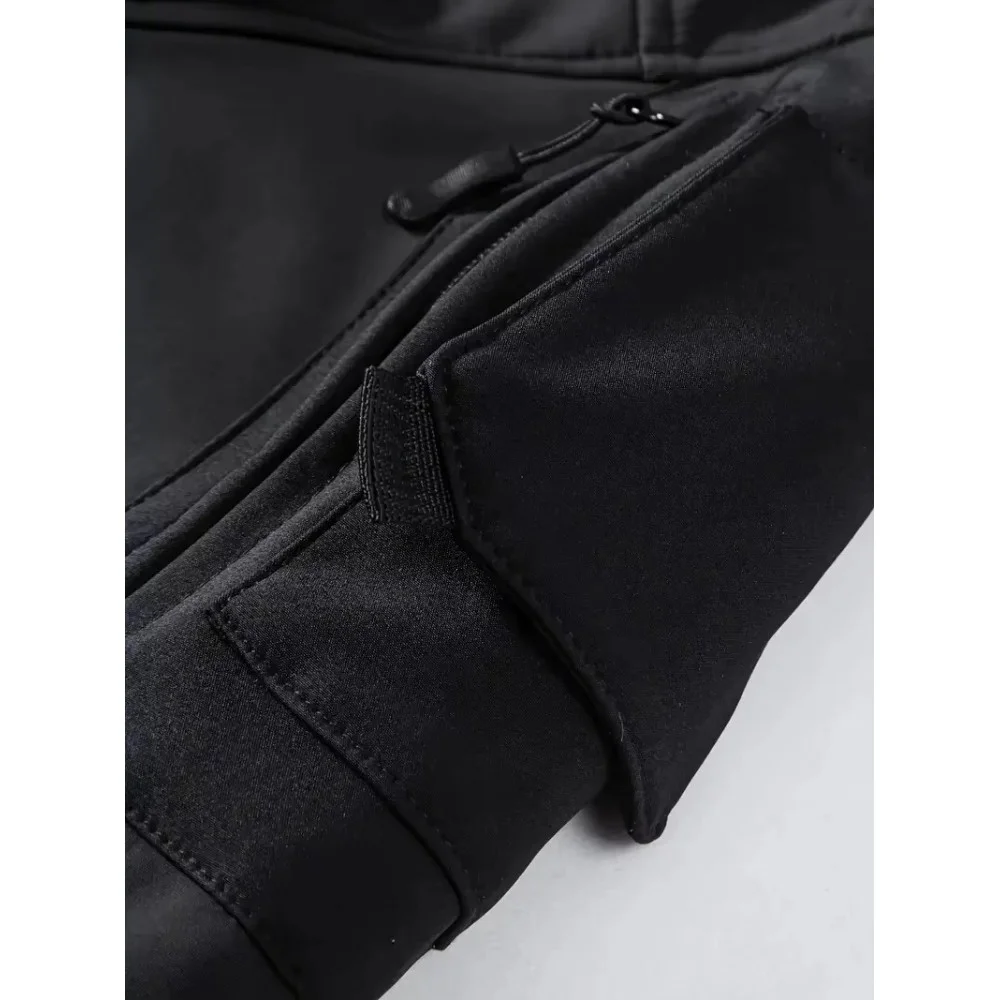 Men's Winter Tactical Softshell Jacket Men's black tactical softshell jacket with a hood, multiple utility pockets, and weather-resistant construction, designed for outdoor, hiking, and winter activities.
