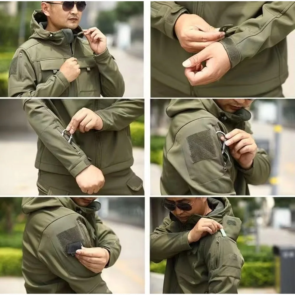 Men's Winter Tactical Softshell Jacket Men's black tactical softshell jacket with a hood, multiple utility pockets, and weather-resistant construction, designed for outdoor, hiking, and winter activities.