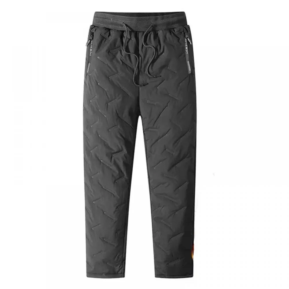 Men's black fleece-lined thermal sweatpants with an elastic drawstring waistband, zip pockets, and tapered jogger fit for warmth and everyday comfort.