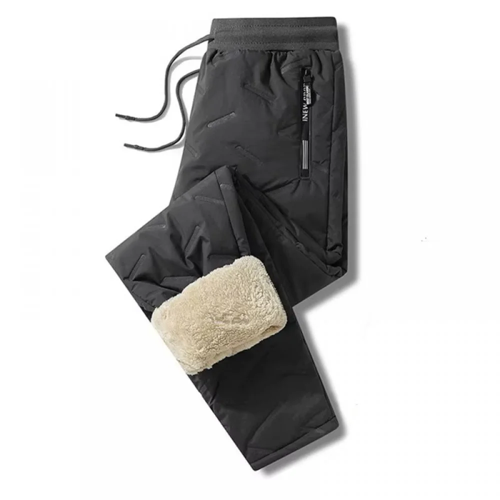 Men's black fleece-lined thermal sweatpants with an elastic drawstring waistband, zip pockets, and tapered jogger fit for warmth and everyday comfort.