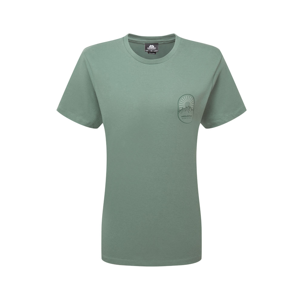 Mountain Equipment Alpenglow women's T-shirt in sage with sunrise mountain graphic on chest