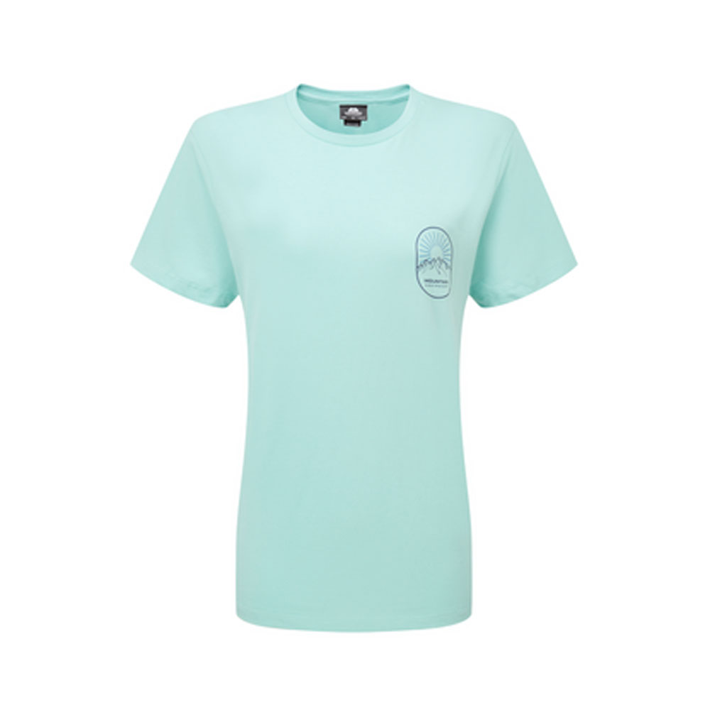 Mountain Equipment Alpenglow women's T-shirt in sage with sunrise mountain graphic on chest