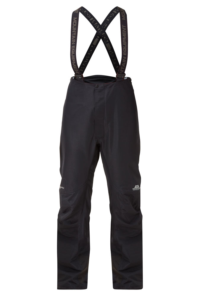 Durable black waterproof trousers for women with adjustable braces and articulated fit, built for alpine and winter climbing conditions