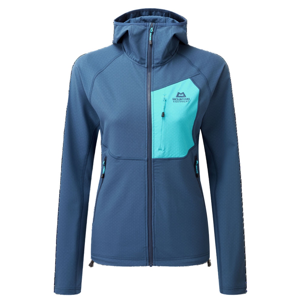 Women's blue Mountain Equipment Arrow hooded jacket with aqua chest panel and full zip front