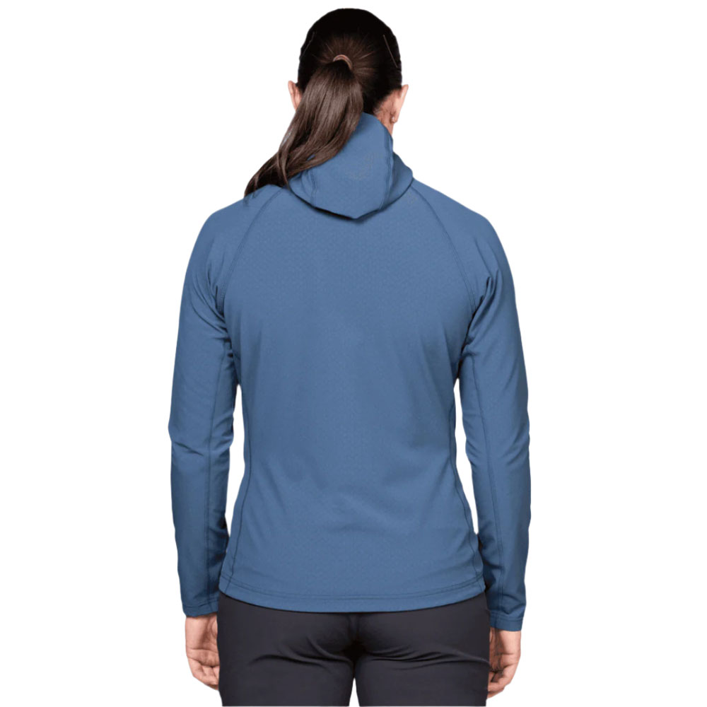 Women's blue Mountain Equipment Arrow hooded jacket with aqua chest panel and full zip front
