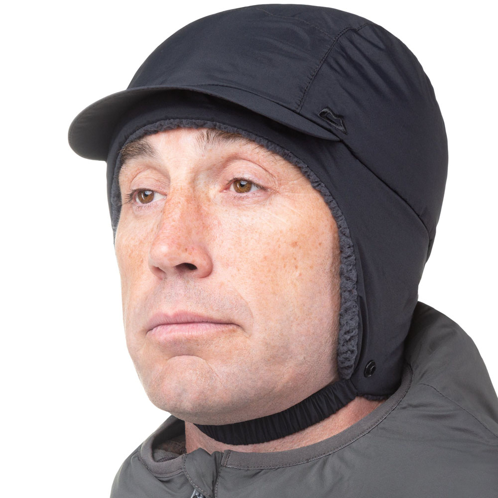 Black Mountain Equipment Citadel Windstopper Hat with fleece lining, angled front view
