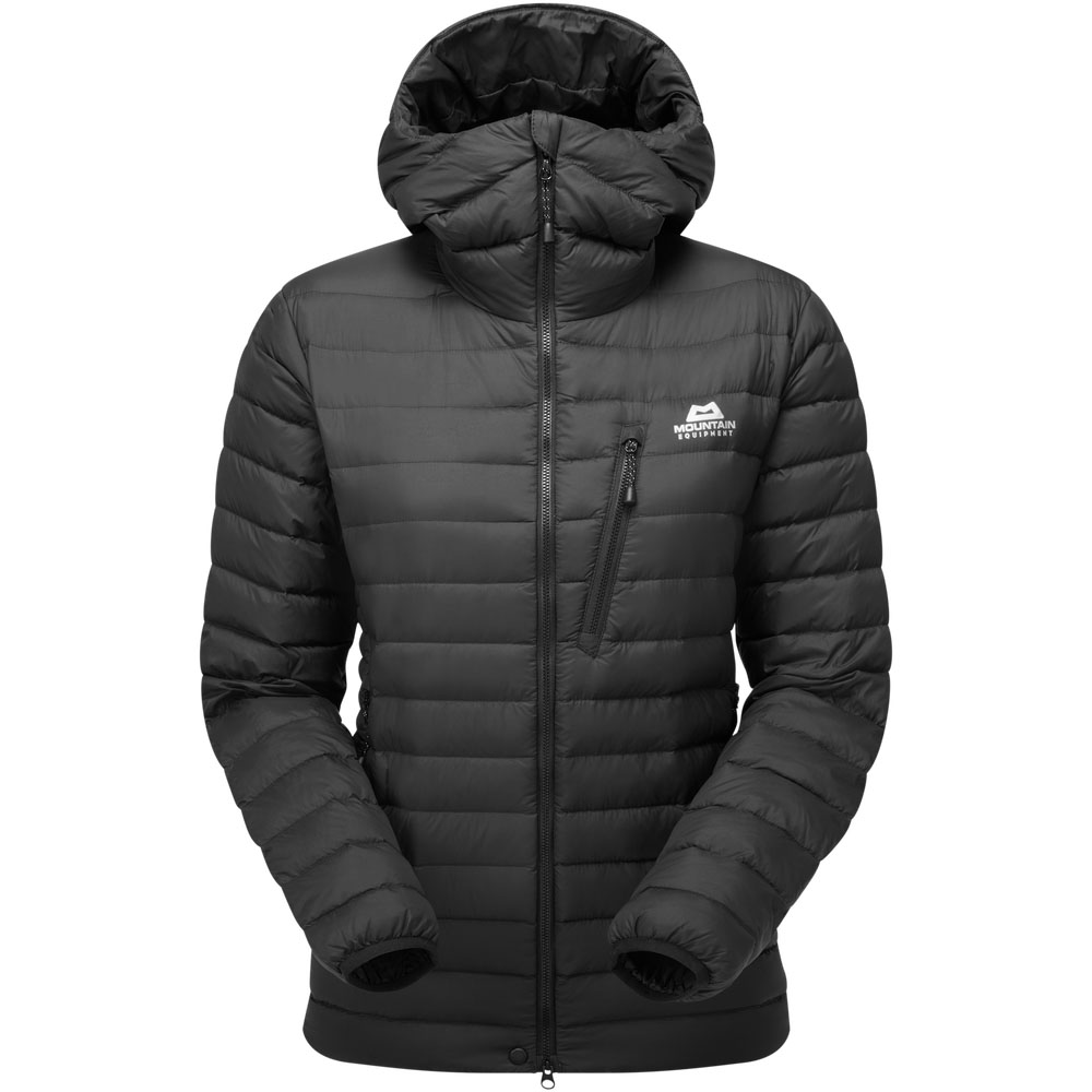 Black Mountain Equipment Earthrise hooded down jacket for women with front chest zip pocket and full front zip