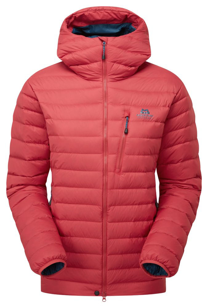 Black Mountain Equipment Earthrise hooded down jacket for women with front chest zip pocket and full front zip