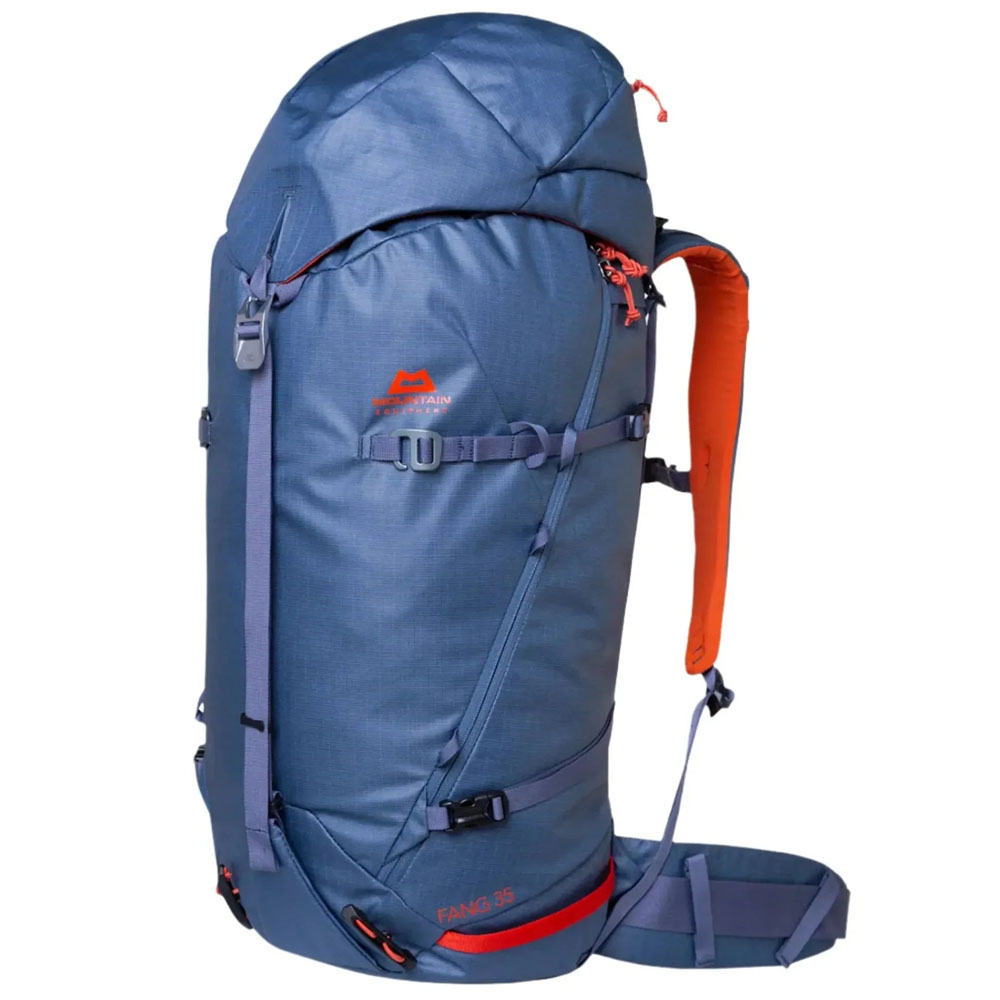 Side view of Alaskan blue and orange Mountain Equipment Fang 35 Backpack with visible shoulder straps and top lid