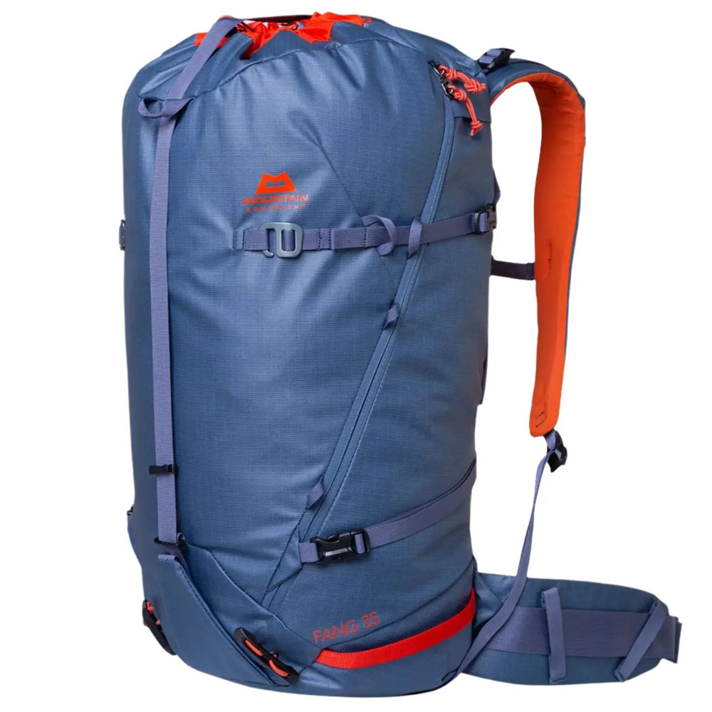 Alaskan blue Mountain Equipment Fang 35 Backpack shown without top lid to reveal internal cinch closure