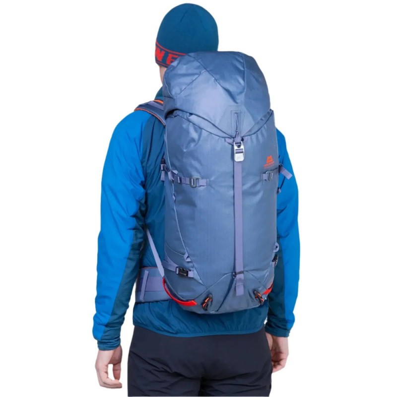 Side view of  Sulphur Mountain Equipment Fang 35 Backpack with hip belt and top lid