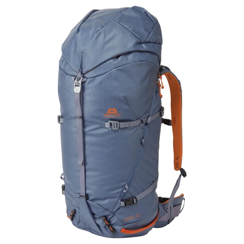 Alaskan Blue Mountain Equipment Fang 42+ 42L alpine climbing backpack with multiple compression straps and top lid.