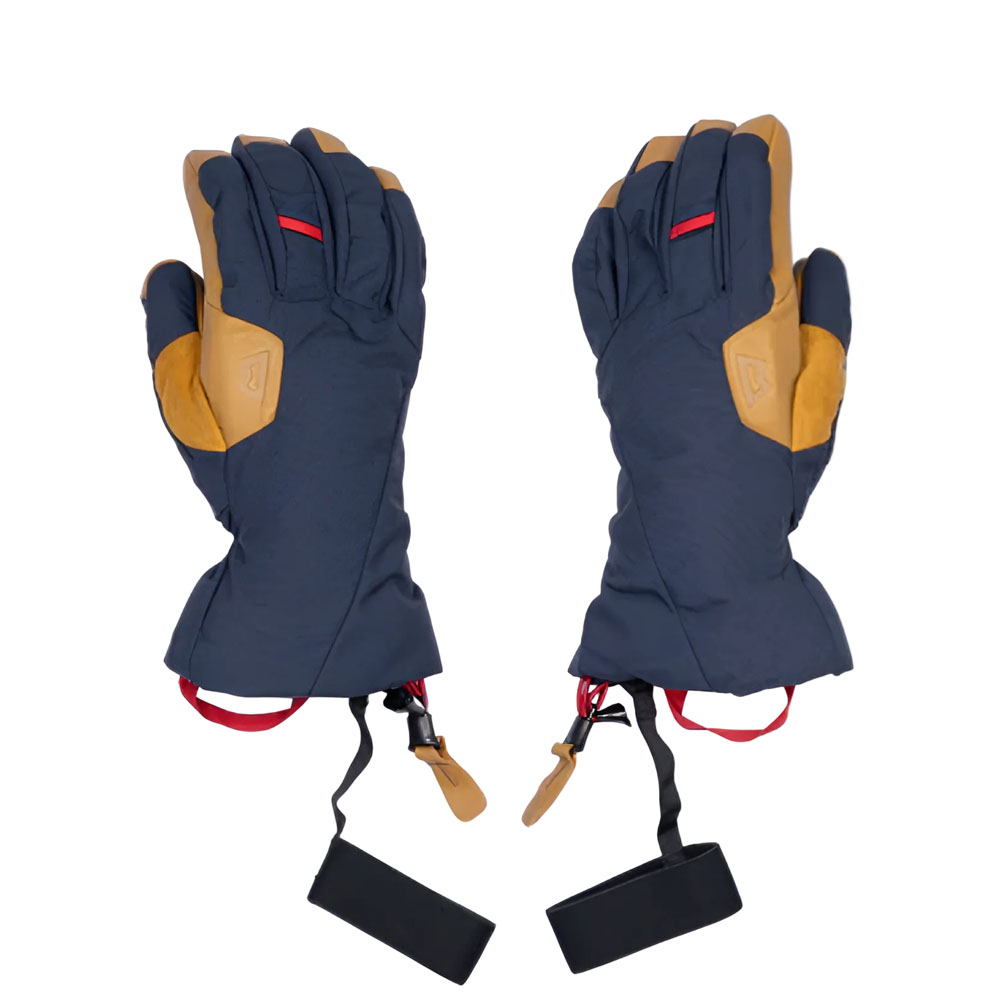 A pair of Mountain Equipment Guide women's gloves in Cosmos and Tan, showing both the front and palm sides with leather reinforcement.