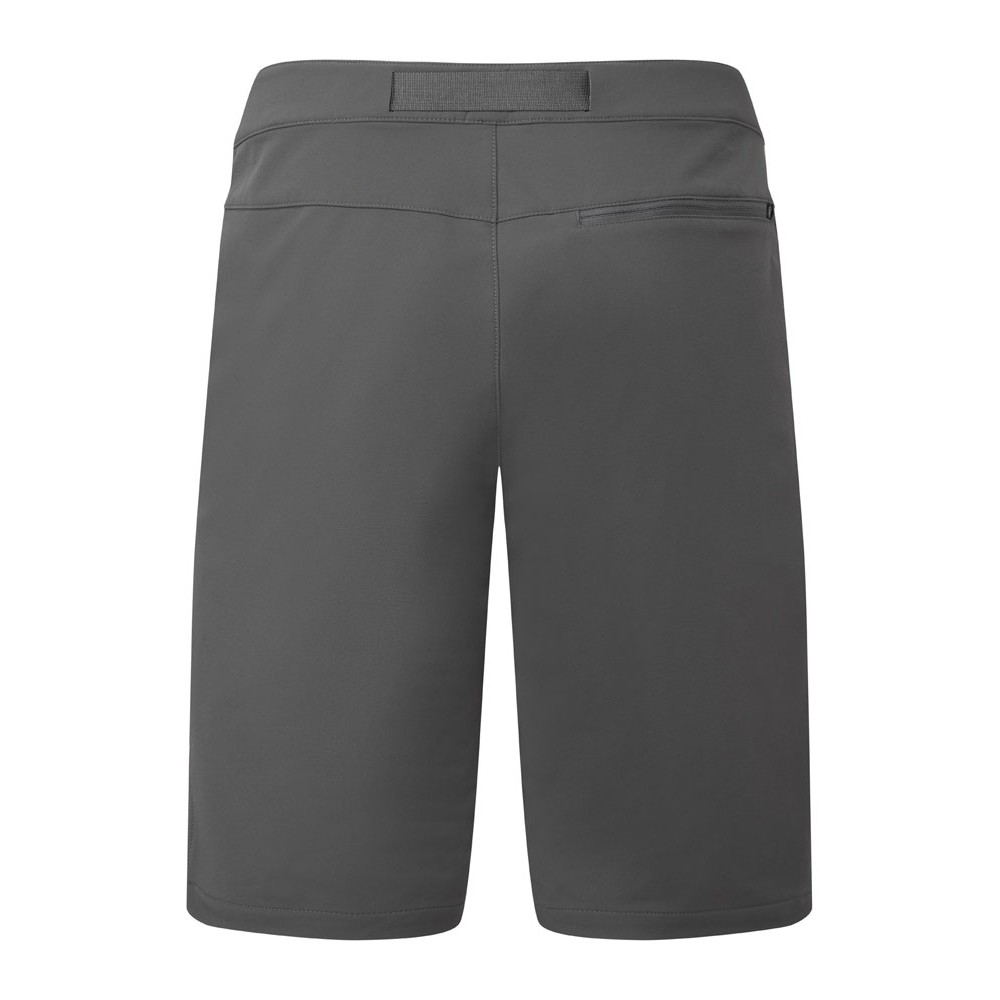 Rear view of lightweight grey mountain shorts showing zippered back pocket and streamlined cut