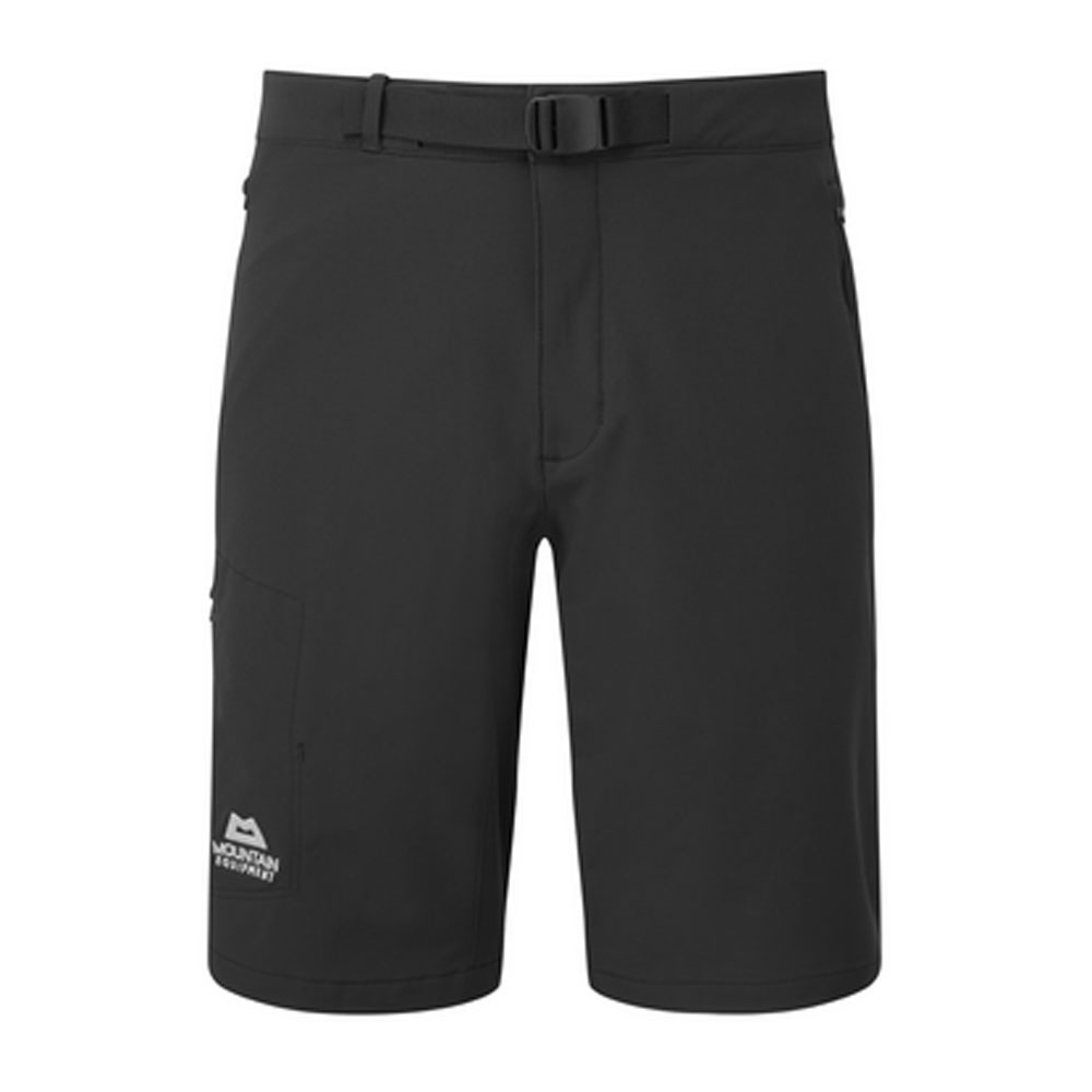 Black technical shorts with integrated belt and minimalist front design, ideal for summer mountain adventures