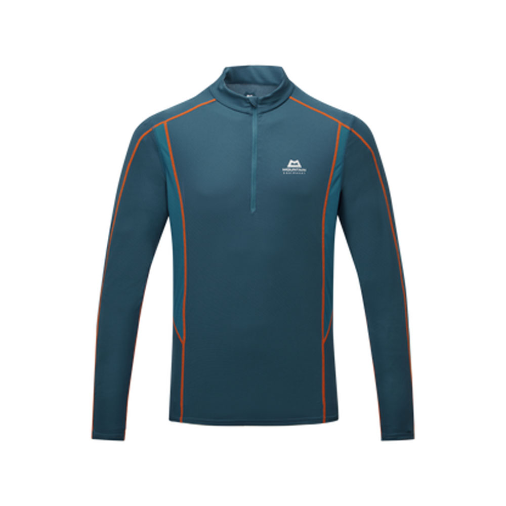 Majolica/Alto Blue Mountain Equipment Ignis men's long sleeve zip tee with bright blue side panels shown flat front view