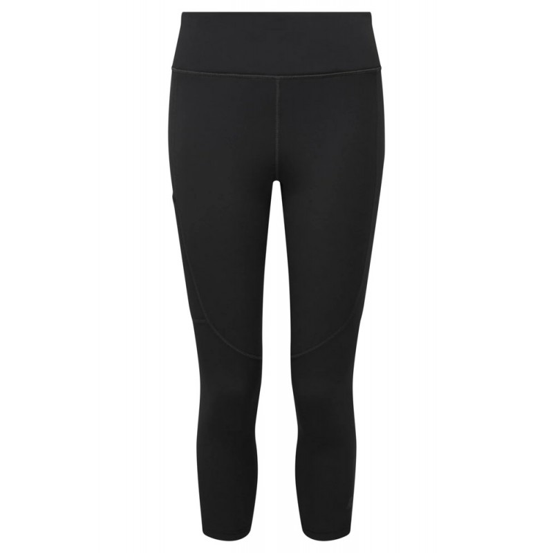 Black 3/4 length performance tights for women featuring high waistband and ergonomic paneling, ideal for hiking and active use