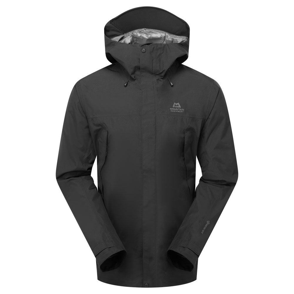 Mountain Equipment Nanda Devi Gore-Tex Men's Jacket – Black Front view of black Mountain Equipment Nanda Devi Gore-Tex men's waterproof jacket with hood