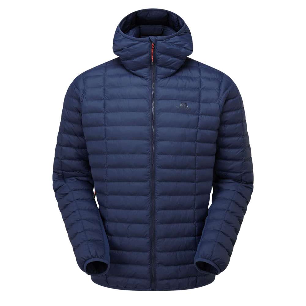 Dusk Mountain Equipment Particle Hooded men's down jacket with horizontal baffles and full zip front