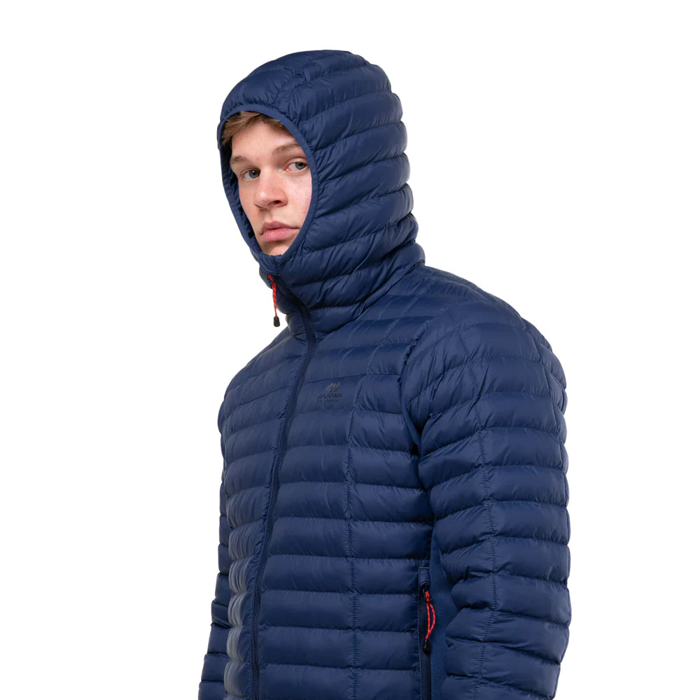 Dusk Mountain Equipment Particle Hooded men's down jacket with horizontal baffles and full zip front
