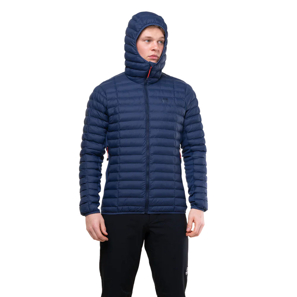 Dusk Mountain Equipment Particle Hooded men's down jacket with horizontal baffles and full zip front