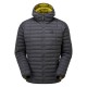 Anvil/Obsidian Mountain Equipment Particle Hooded men's down jacket with horizontal baffles and full zip front