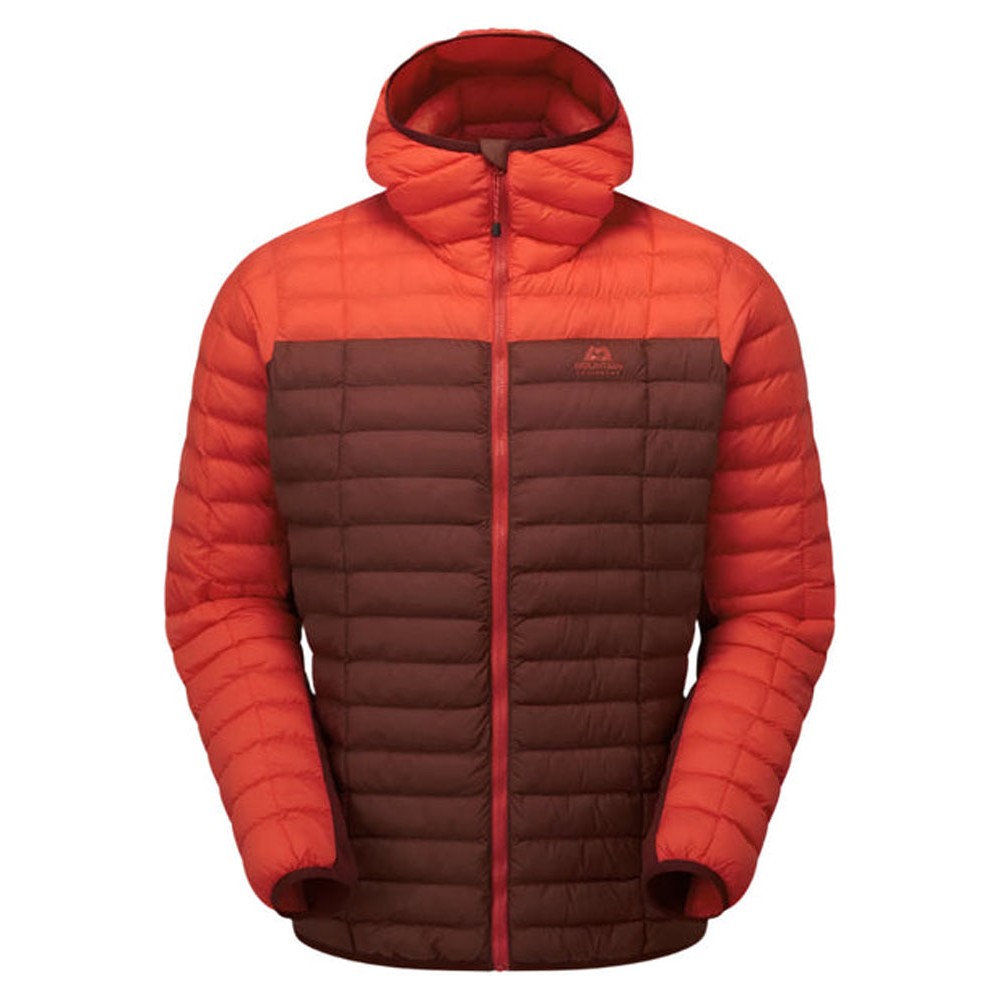  Firedbrick/Cardinal Mountain Equipment Particle Hooded men's down jacket with horizontal baffles and full zip front