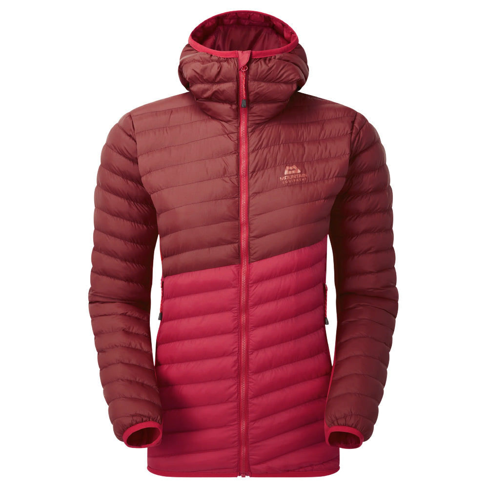 Red and crimson Mountain Equipment Particle insulated women’s jacket with full front zip and fitted hood