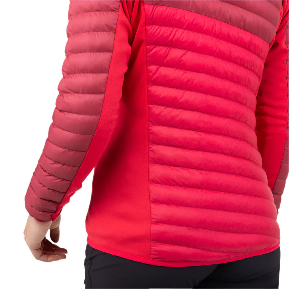 Red and crimson Mountain Equipment Particle insulated women’s jacket with full front zip and fitted hood