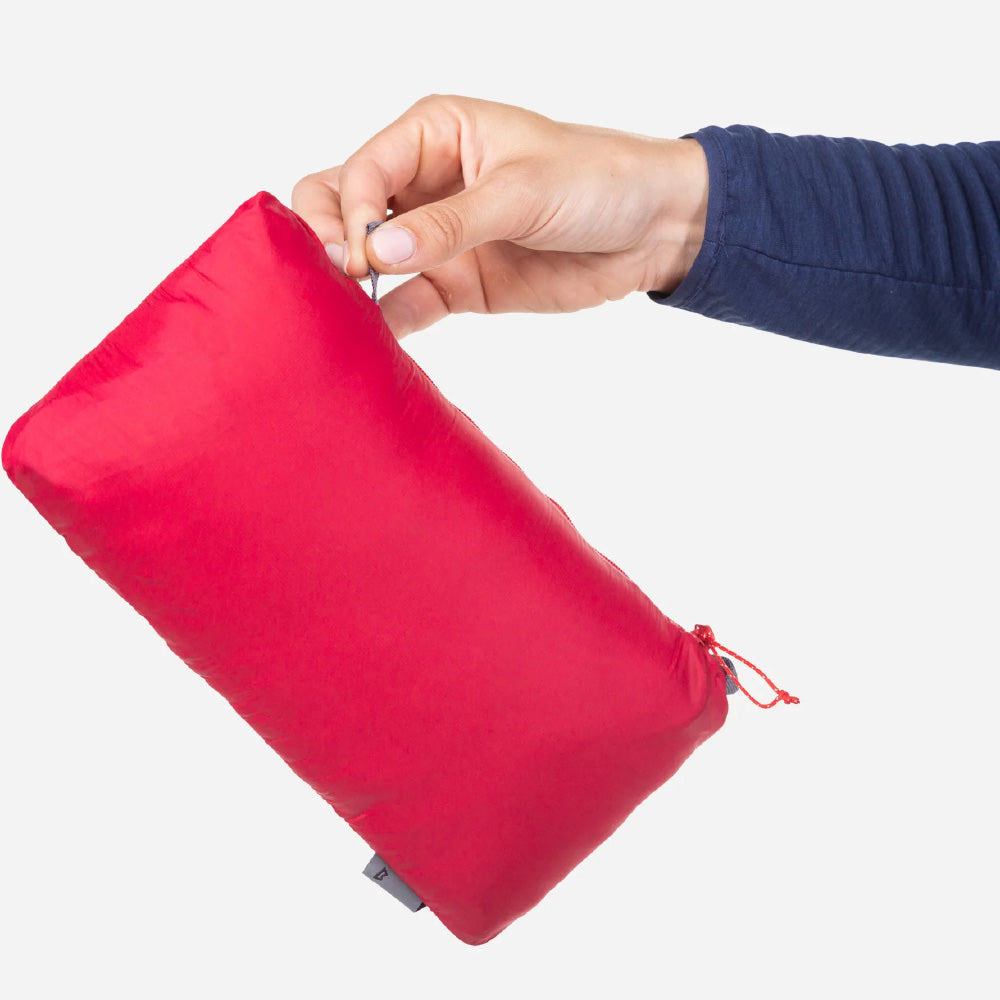 Red and crimson Mountain Equipment Particle insulated women’s jacket with full front zip and fitted hood