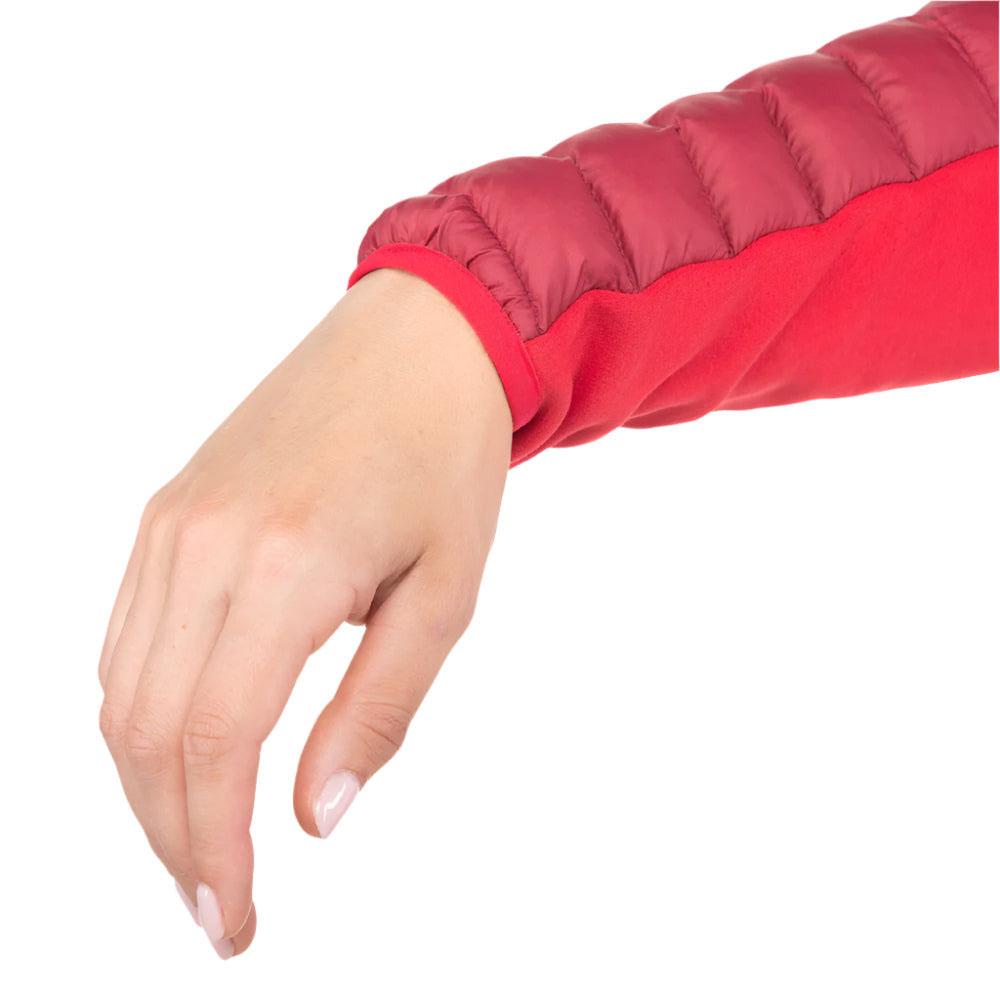 Red and crimson Mountain Equipment Particle insulated women’s jacket with full front zip and fitted hood