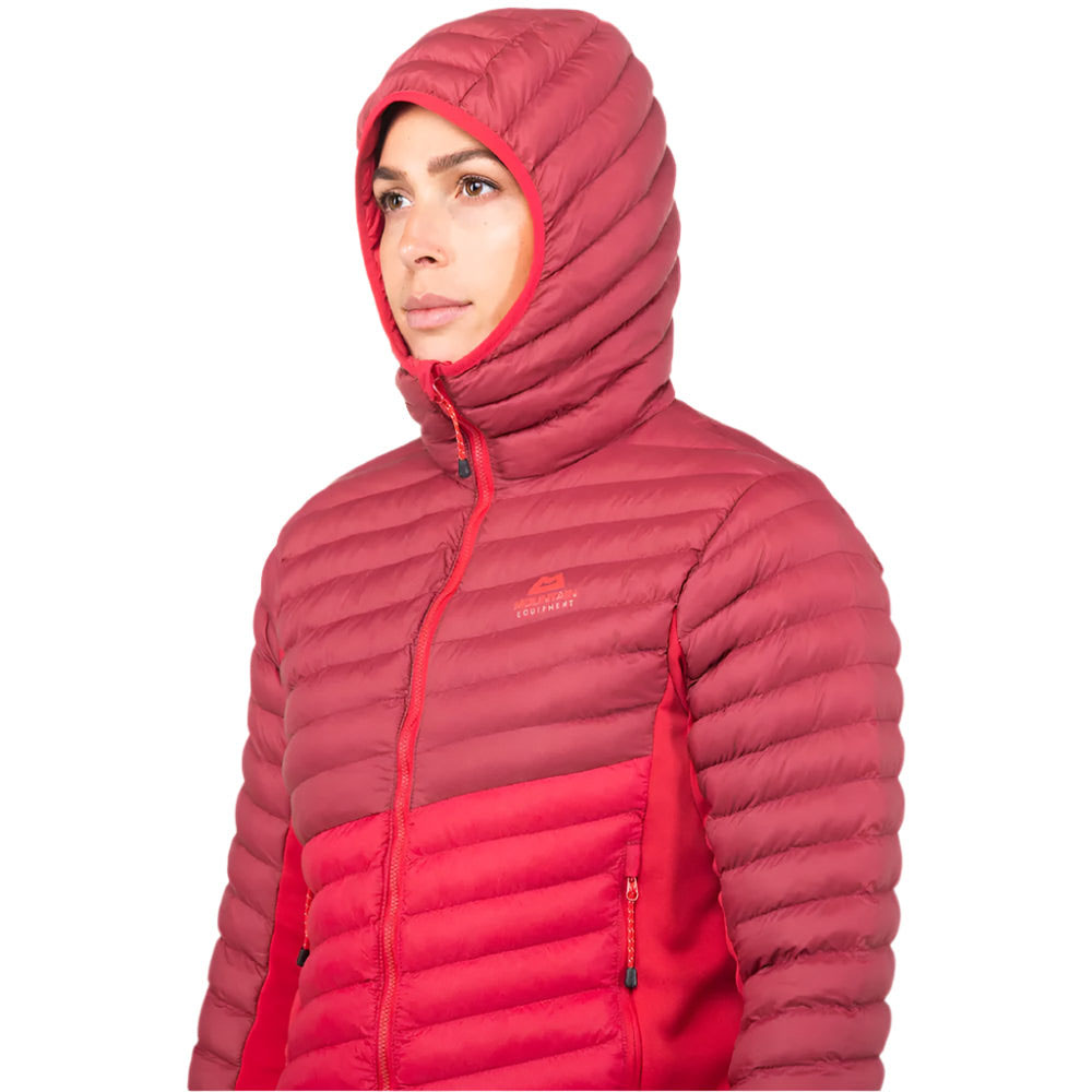 Red and crimson Mountain Equipment Particle insulated women’s jacket with full front zip and fitted hood