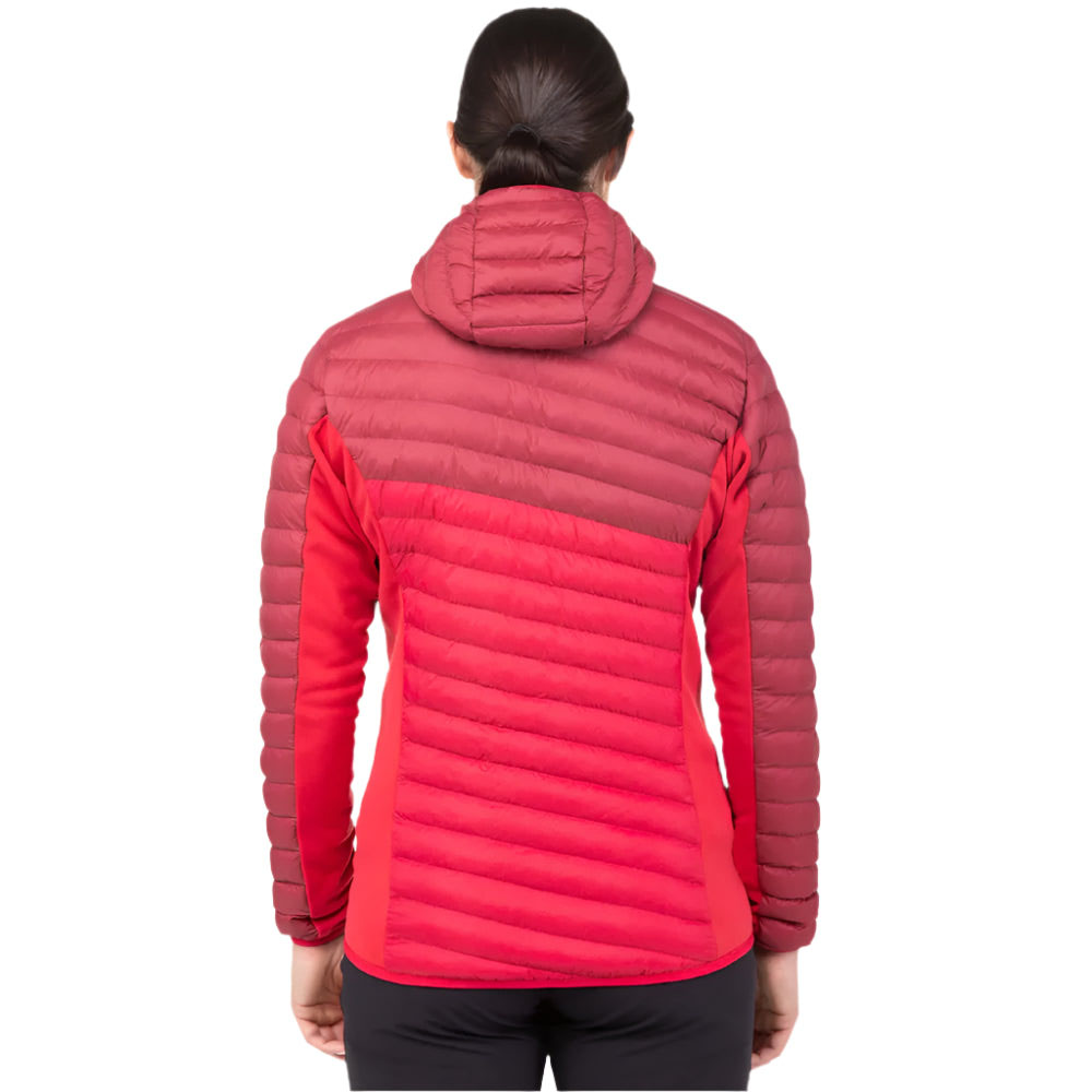 Red and crimson Mountain Equipment Particle insulated women’s jacket with full front zip and fitted hood