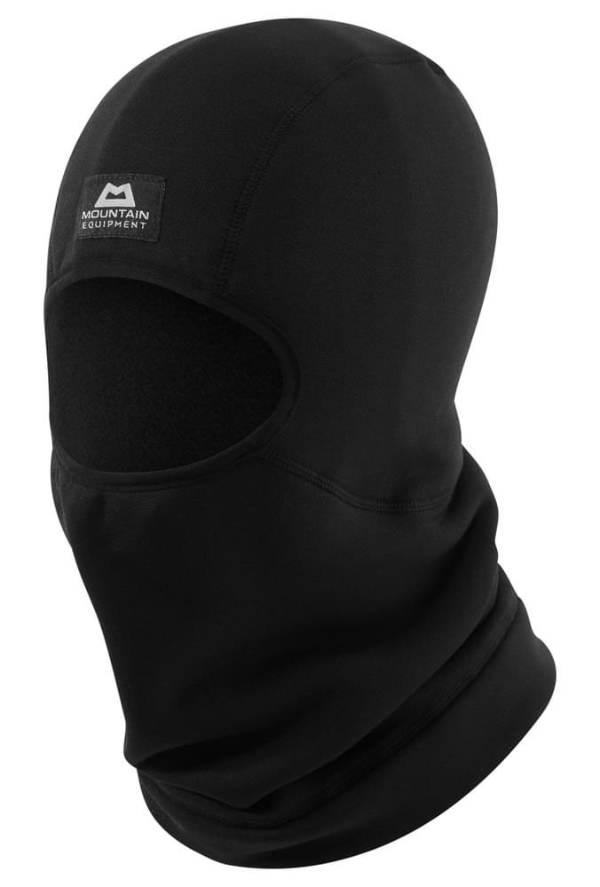 Black Mountain Equipment Powerstretch Balaclava with full head and neck coverage, open eye area, and visible logo patch