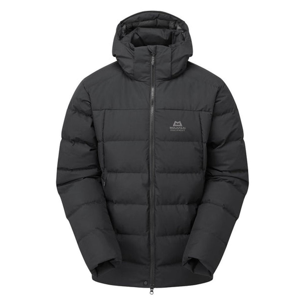Black insulated hooded jacket with box wall construction and Mountain Equipment logo on chest
