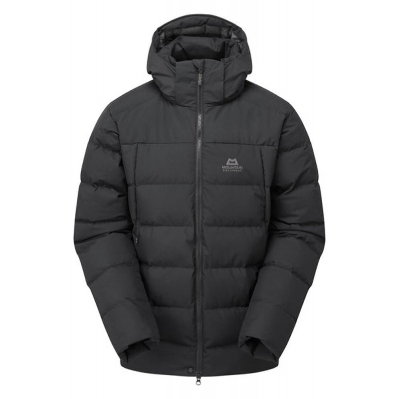 Black insulated hooded jacket with box wall construction and Mountain Equipment logo on chest