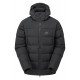 Black insulated hooded jacket with box wall construction and Mountain Equipment logo on chest