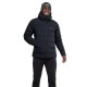 Black insulated hooded jacket with box wall construction and Mountain Equipment logo on chest