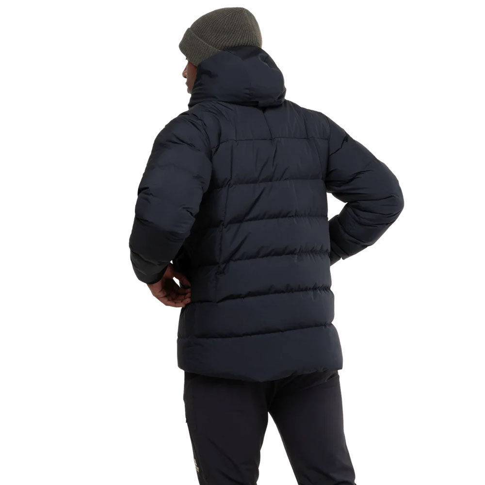 Black insulated hooded jacket with box wall construction and Mountain Equipment logo on chest