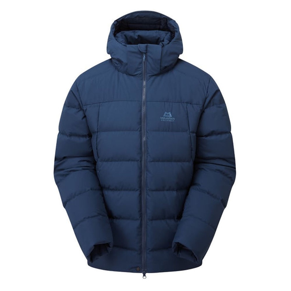 Cosmos  insulated hooded jacket with box wall construction and Mountain Equipment logo on chest