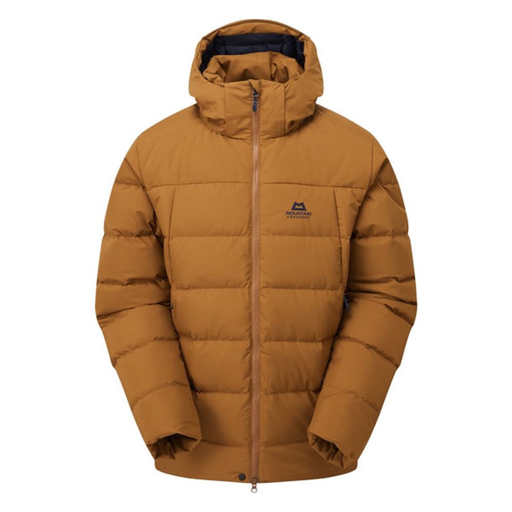 Walnut insulated hooded jacket with box wall construction and Mountain Equipment logo on chest
