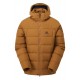 Walnut insulated hooded jacket with box wall construction and Mountain Equipment logo on chest
