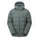 Slate Green insulated hooded jacket with box wall construction and Mountain Equipment logo on chest