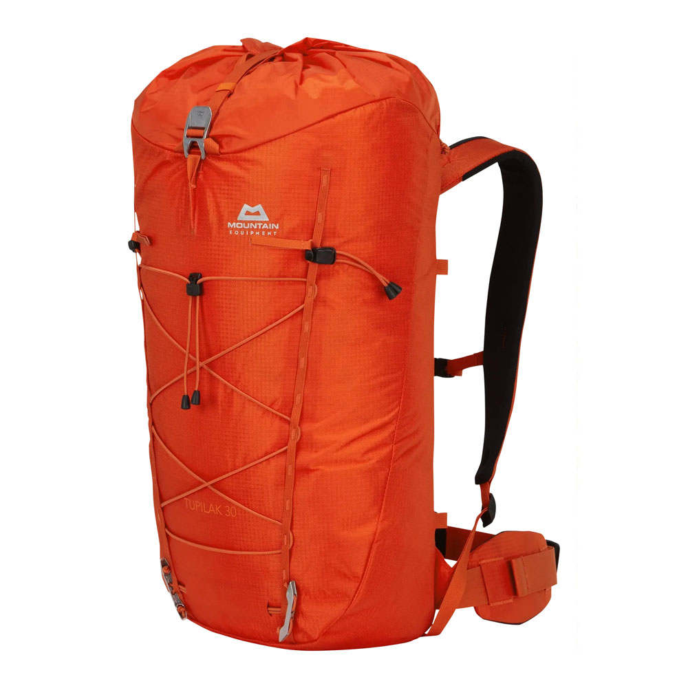 Bright orange Mountain Equipment Tupilak 30L alpine climbing backpack with drawcord closure and gear loops, front view