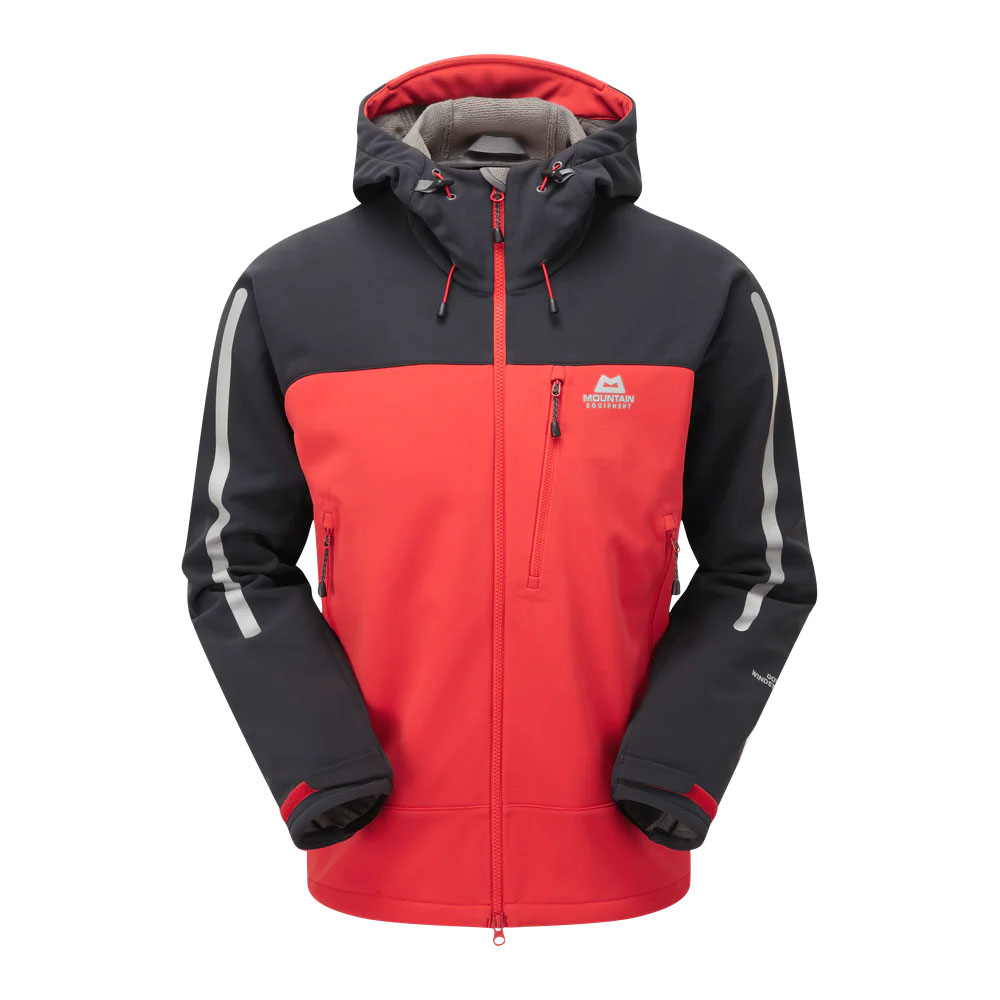 Front view of Mountain Equipment Vulcan MRT Men's softshell jacket in red and black with hood