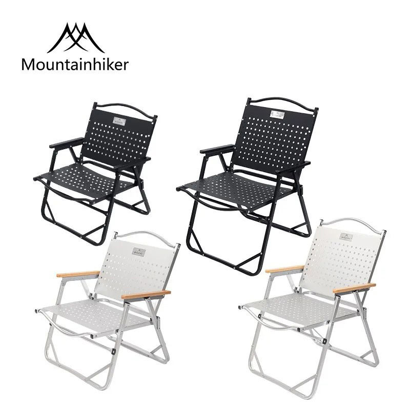 Four Mountainhiker FoldPro aluminum folding camping chairs in black and white color variations displayed on a white background.