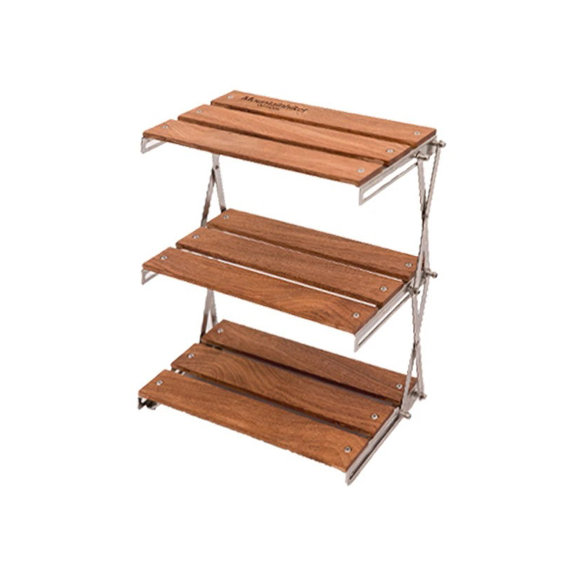 MOUNTAINHIKER portable folding camping table three tier wooden slat outdoor storage rack lightweight collapsible camp shelf compact foldable design for camping picnic and outdoor use
