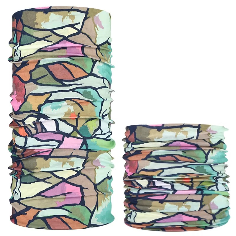 Multi-functional seamless neck gaiter featuring lightweight stretch fabric and colorful printed designs. Can be worn as a neck warmer, face covering, headband, bandana, scarf, balaclava, wristband or cycling and outdoor sports headwear for year-round prot