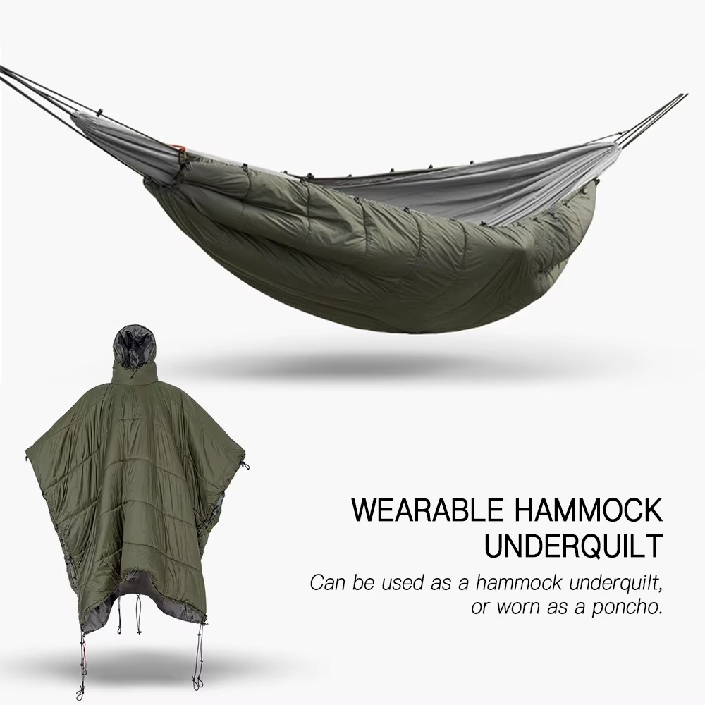 Insulated hammock underquilt converted into wearable camping poncho for outdoor warmth and wind protection